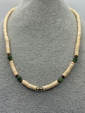 Panama Jack Cream Heishi Necklace with Green Bead Accents 15”